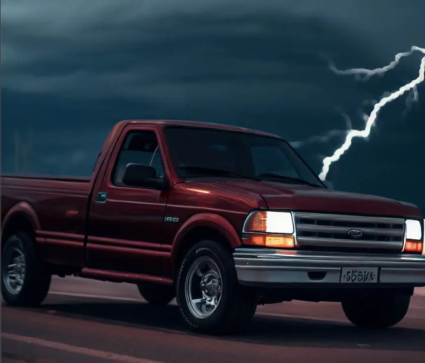 Ford F-150 1994 SVT Lightning red colour on the road