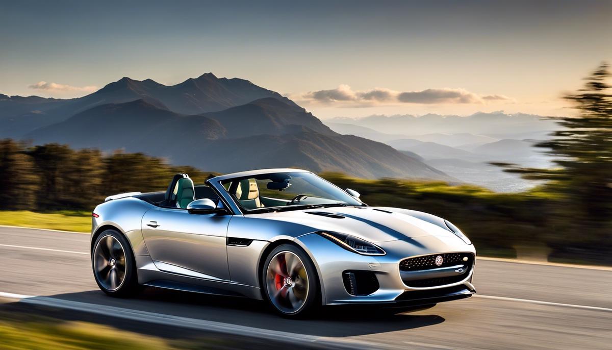 The image shows a silver 2023 Jaguar F-Type sports car on a road with mountains in the background.
