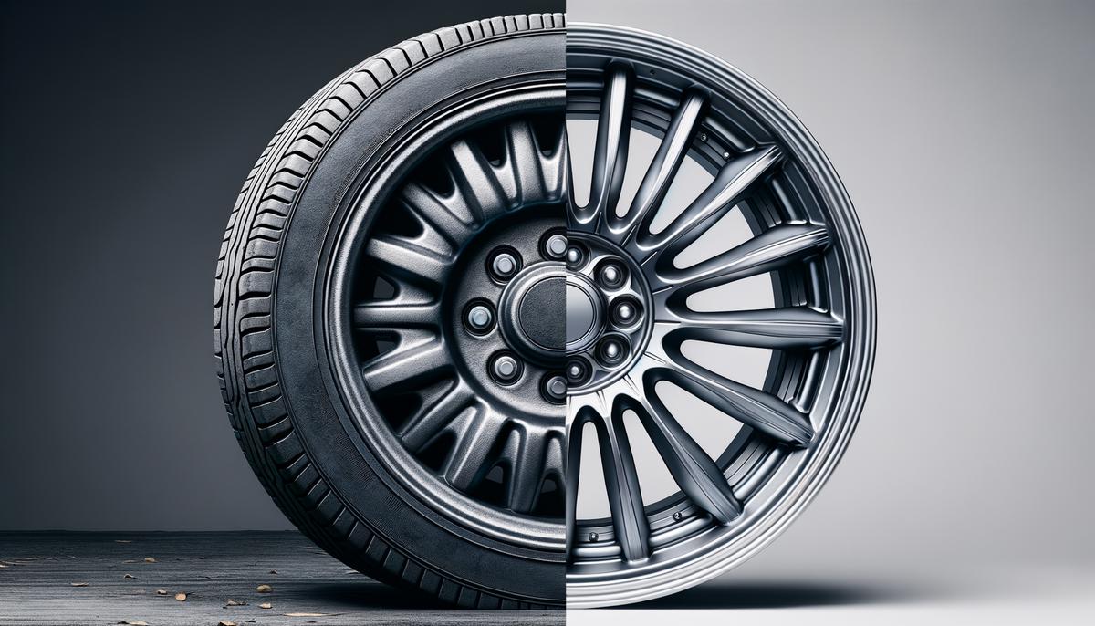 An image showing steel wheels and alloy wheels side by side, emphasizing their differences in appearance and durability
