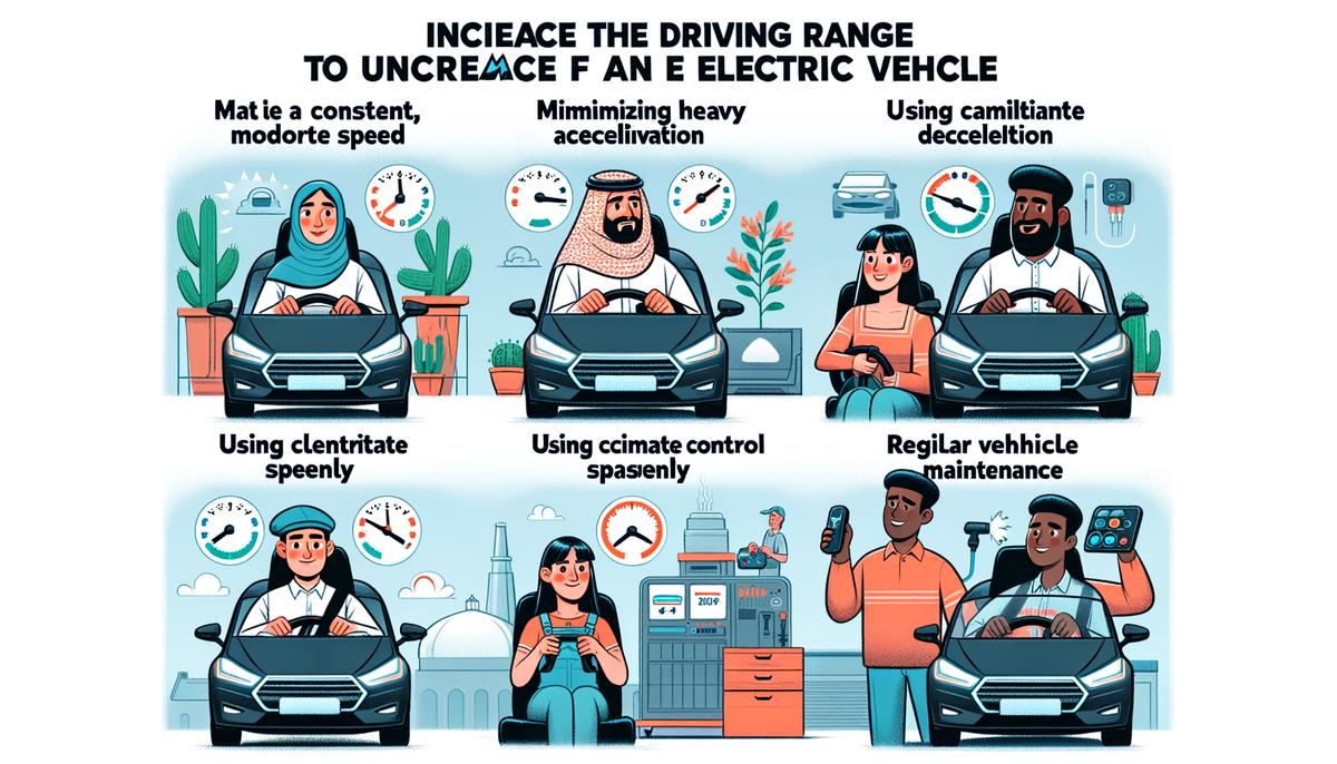 Cartoon illustration showing various strategies to optimize an EV's driving range