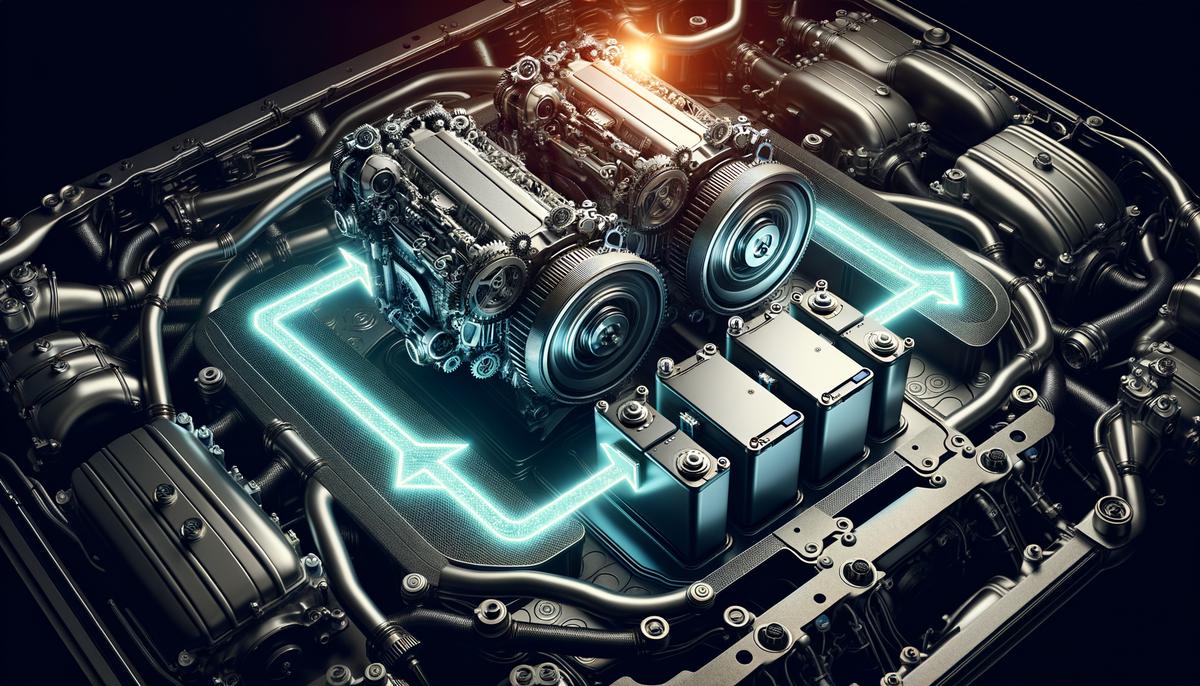 A realistic image showcasing the intricate dance between hybrid batteries and engines in a modern vehicle