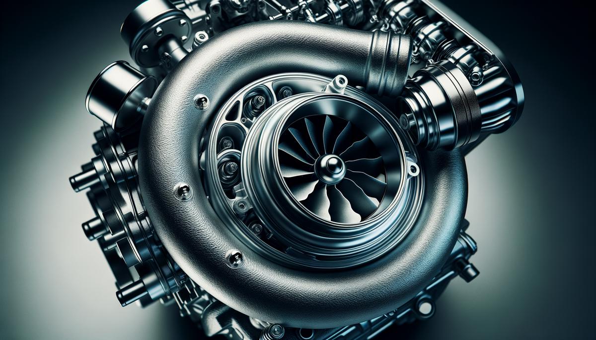 A close-up image of a turbocharger attached to an engine, showing the intricate components and mechanisms at work, highlighting the technology behind turbocharging for engine performance