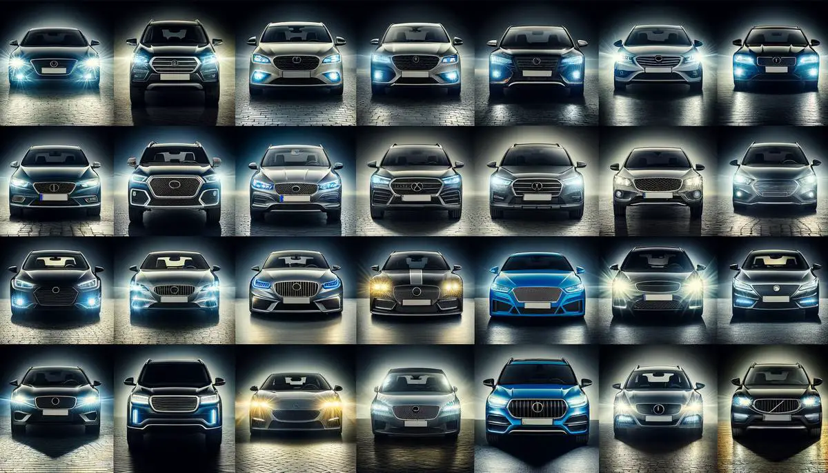 Adaptive headlights on various vehicles, showing different models and types of headlights for comparison