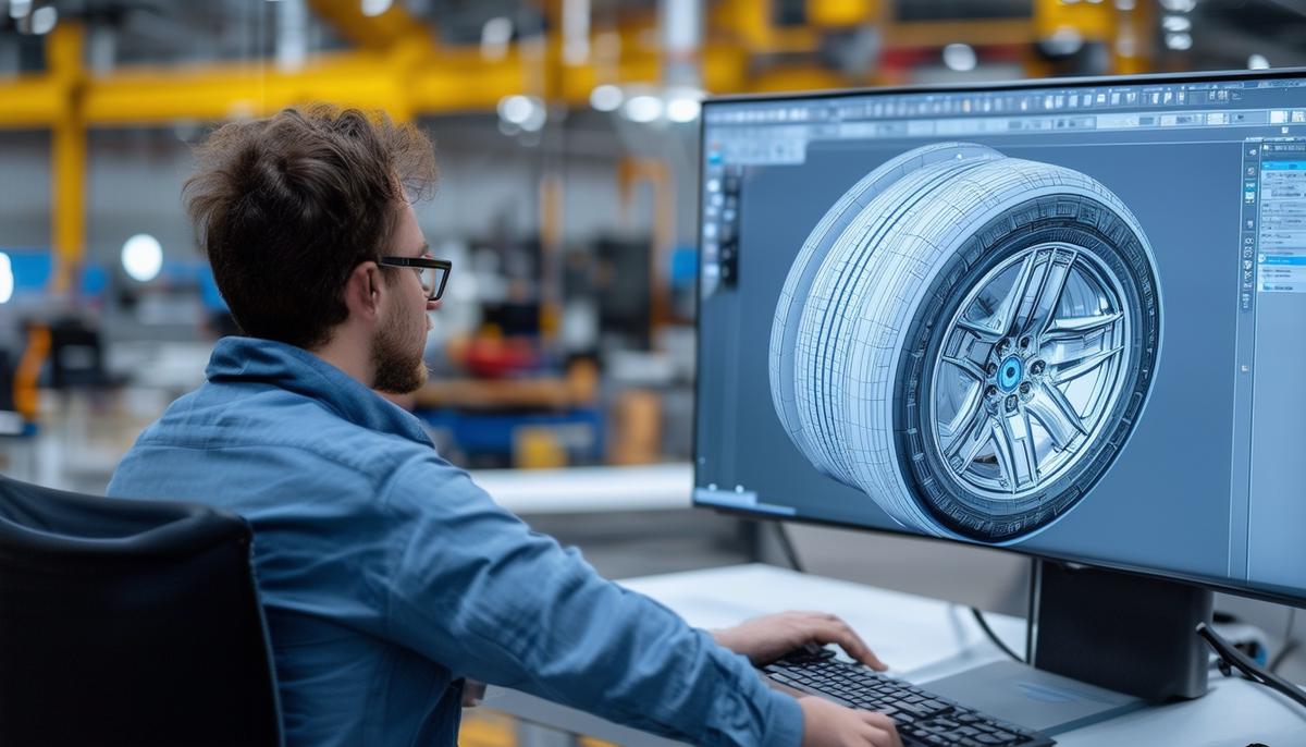 An automotive engineer designing a large vehicle wheel on a computer