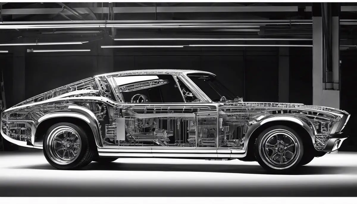 A silhouette of a car being built, depicting the complexity and precision of car building.