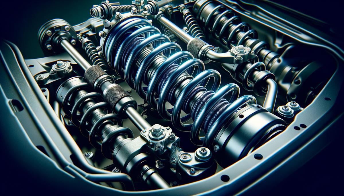 A detailed view of a car's suspension components, including springs, dampers, and sway bars