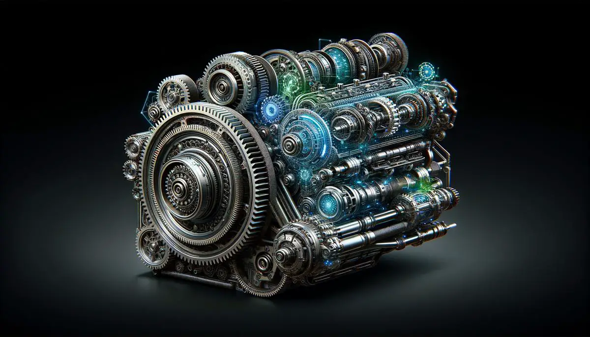Illustration of a futuristic engine with multiple gears and advanced technology components