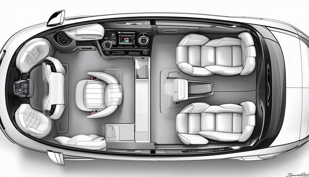 An efficient car interior layout with carefully positioned seats, controls, and storage compartments, maximizing space and comfort.