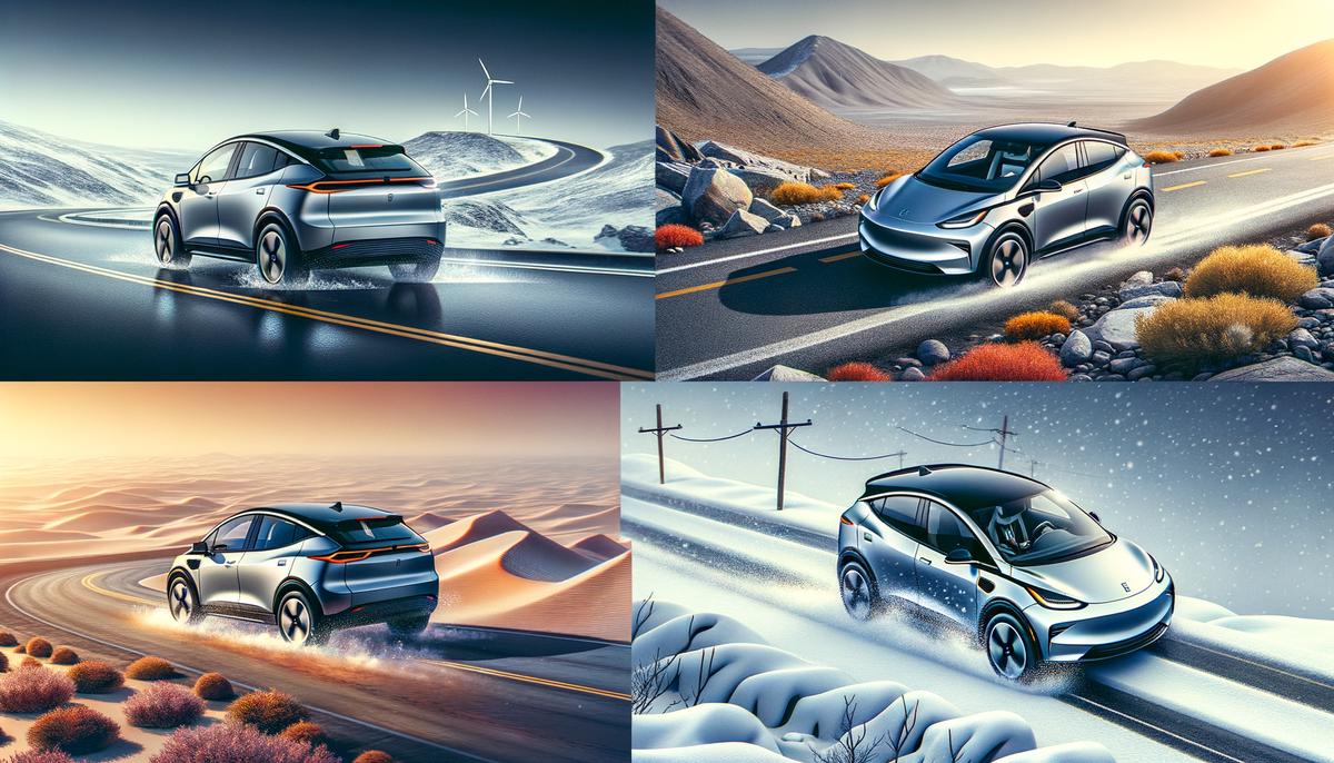 Image of an electric vehicle driving on various terrains to depict factors affecting range.