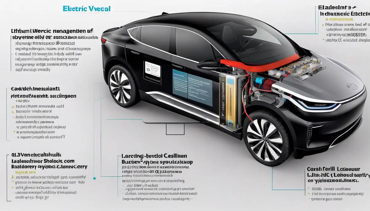 A diagram showing the components of an electric vehicle battery, including the physical size, lithium cell type, and battery management system.