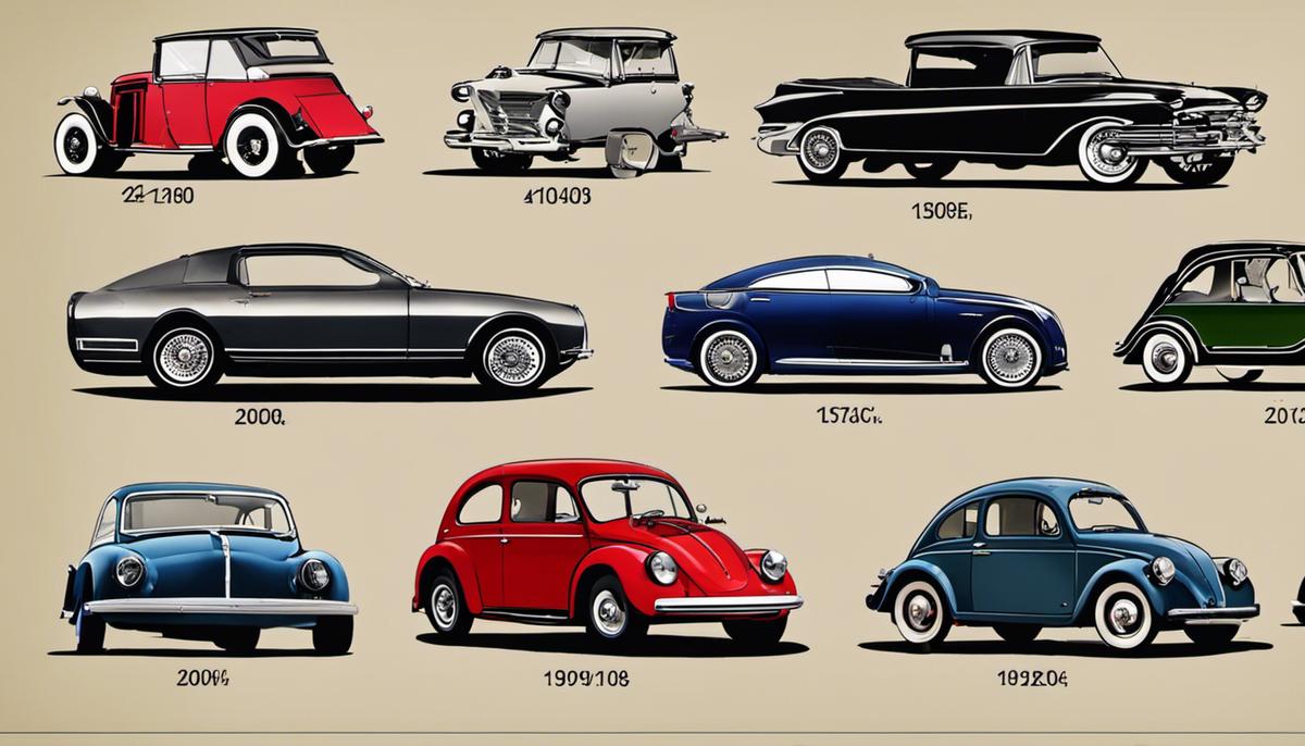 Evolution of Electric Vehicles: The image depicts the evolution of electric vehicles' range over time, starting from early 1900s vehicles with limited ranges to contemporary electric vehicles with extended ranges.