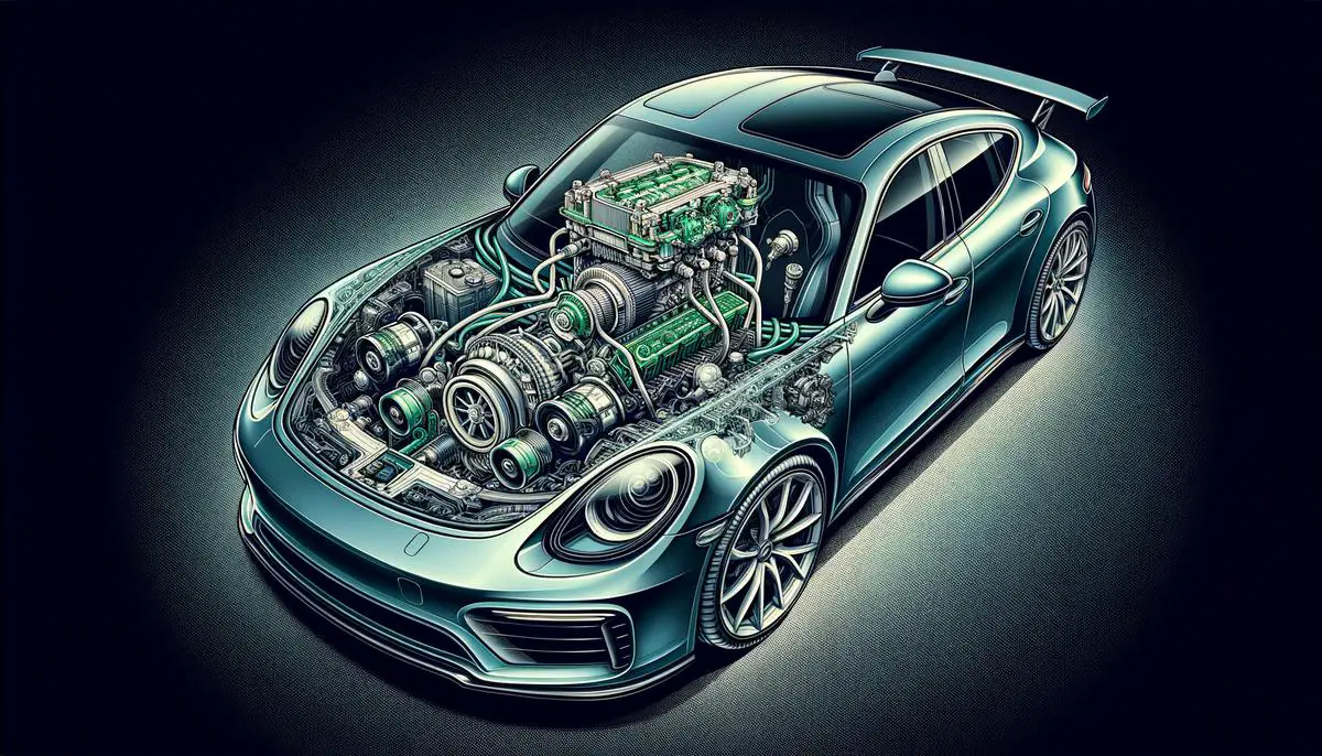 An illustration of a modern car with a cutaway view revealing an advanced engine, symbolizing how innovative engineering solutions help maintain or enhance vehicle performance metrics like fuel efficiency, power, and reliability while adhering to strict emission regulations