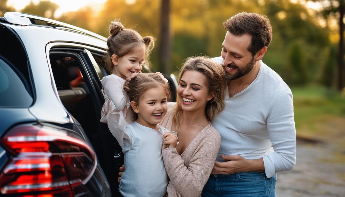 A family with young children standing next to their luxury car, smiling and appreciating the convenience of soft-close doors.
