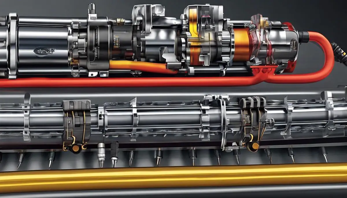 Illustration of fuel injection systems in automobile engines, showing various types of fuel injectors