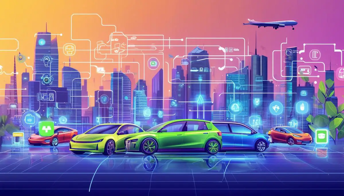 An illustration of a futuristic cityscape featuring various eco-friendly vehicles, including electric cars, hydrogen fuel cell vehicles, and smart connected cars, representing the future trends in automotive emission regulations and the industry's shift towards cleaner, more sustainable transportation solutions