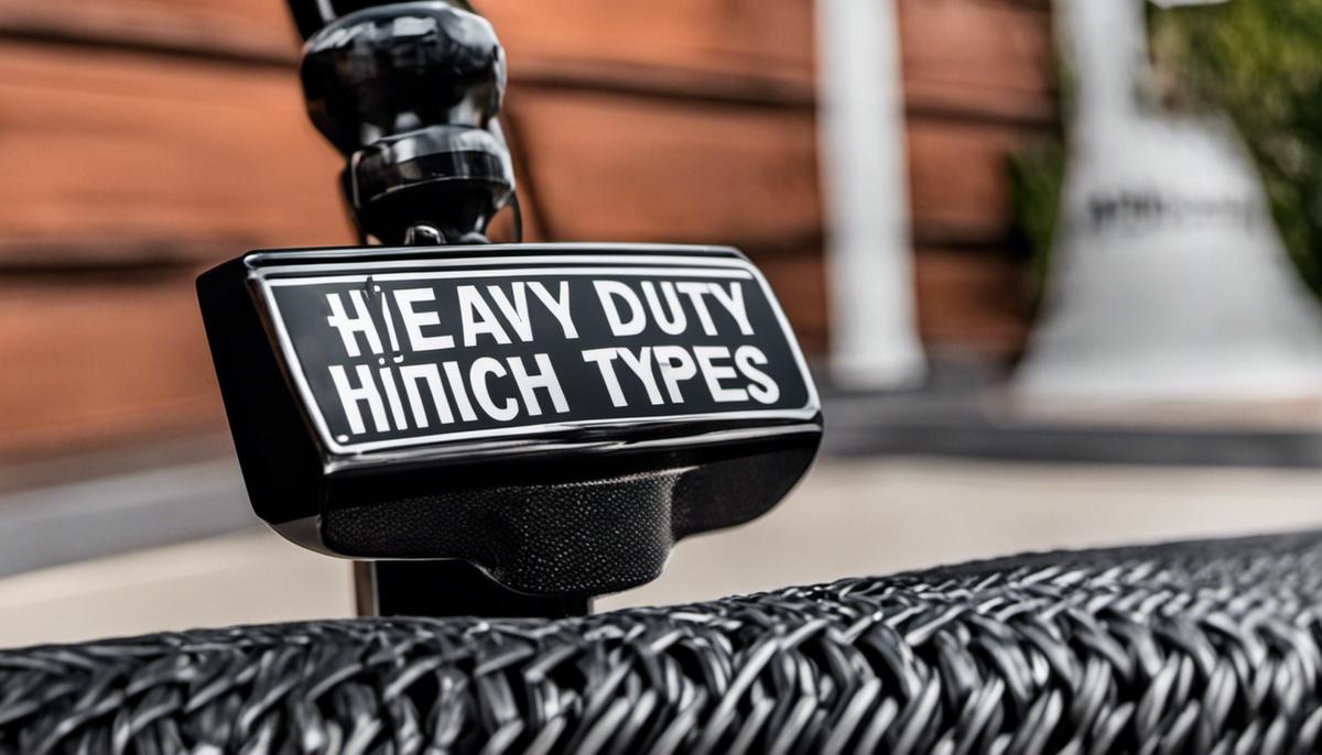 A close-up image of a heavy-duty hitch in black and silver with the name 'Heavy Duty Hitch Types' engraved on it.