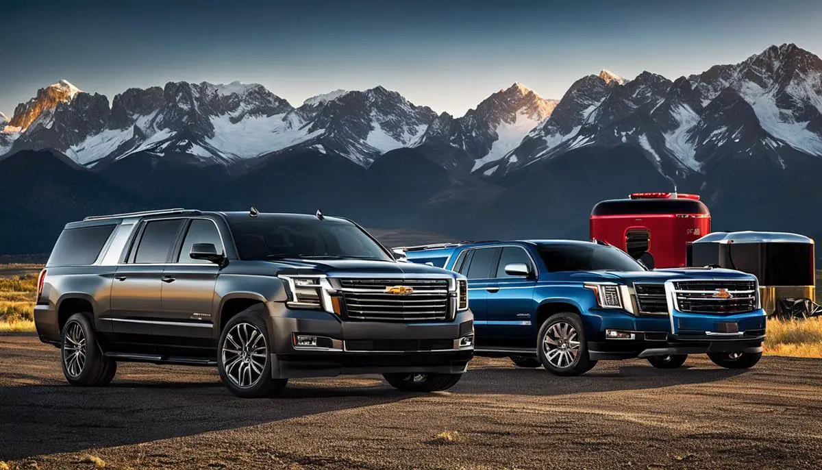 Image of high-capacity towing SUVs lined up with mountains in the background, showcasing their power and versatility.