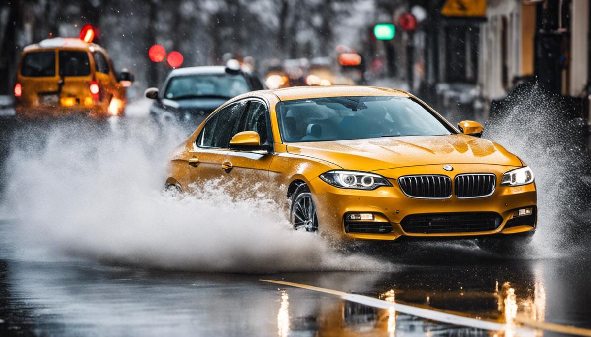 Image of a car hydroplaning on a wet road