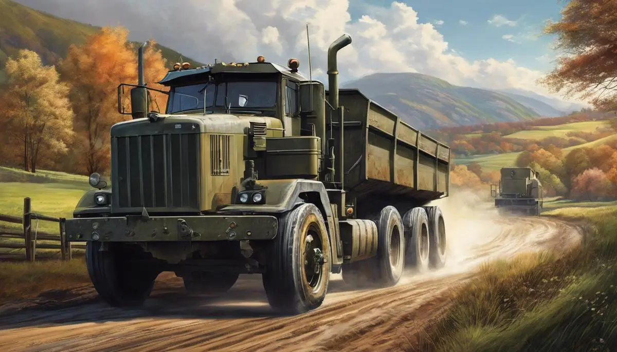 Illustration of a rugged-looking large vehicle driving through a countryside landscape.
