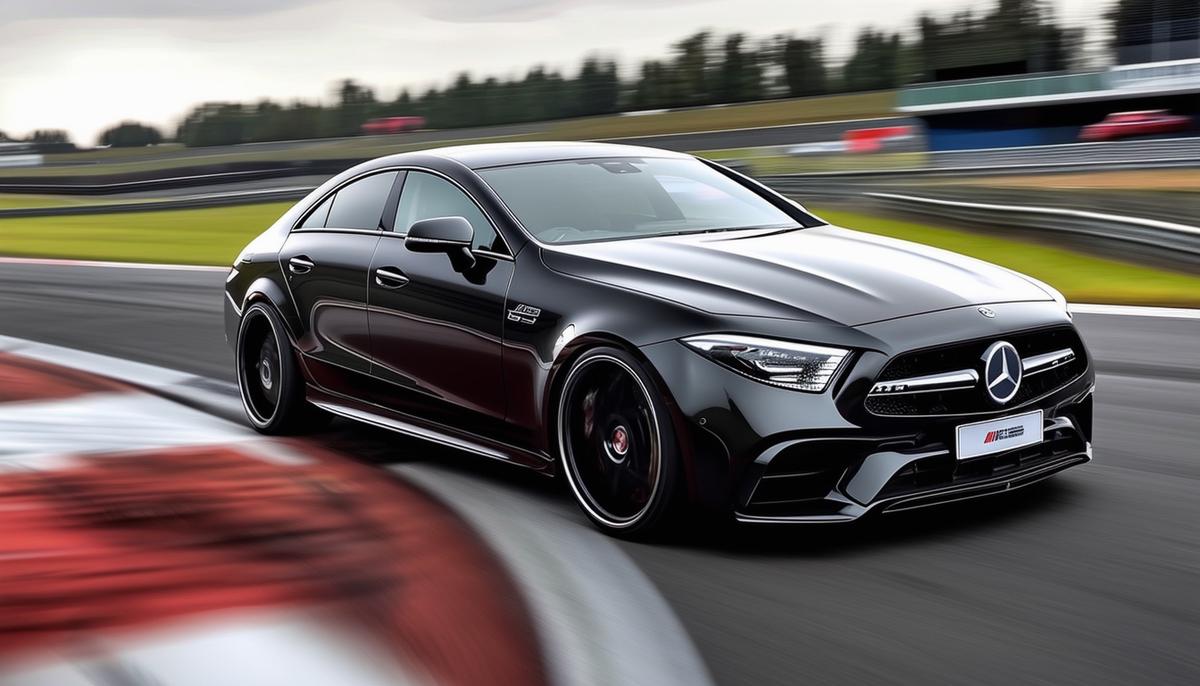 A Mercedes-AMG CLS with large alloy wheels cornering on a race track, showcasing the enhanced grip and steering responsiveness provided by the larger wheels.