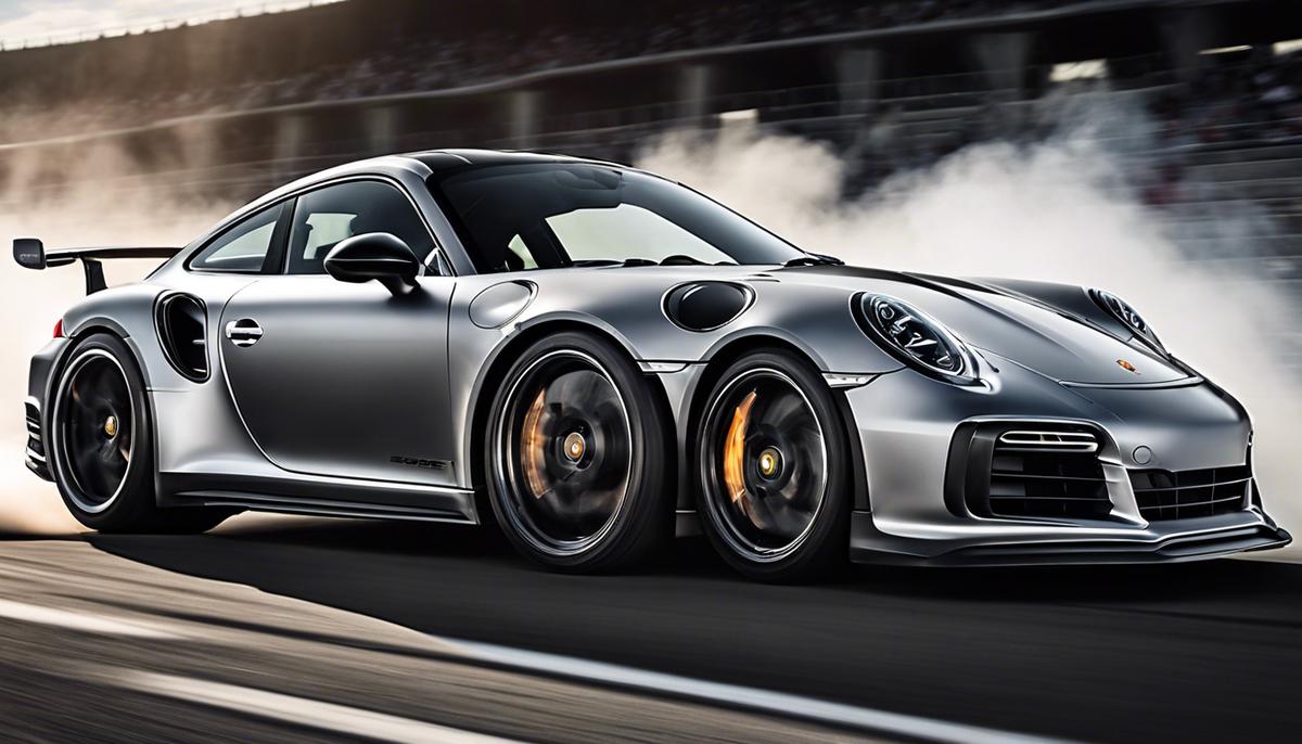 A sleek silver Porsche 911 Turbo blazing down the track with smoke trailing behind it