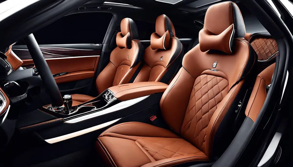 The image showcases a luxurious car interior with premium leather seats and sophisticated features.