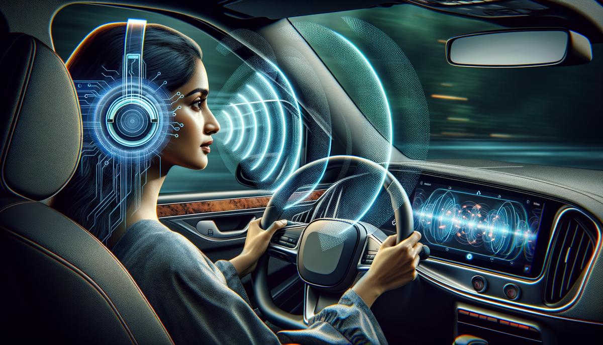 Illustration of a person driving in a car with sound waves being canceled out to create a quieter interior environment