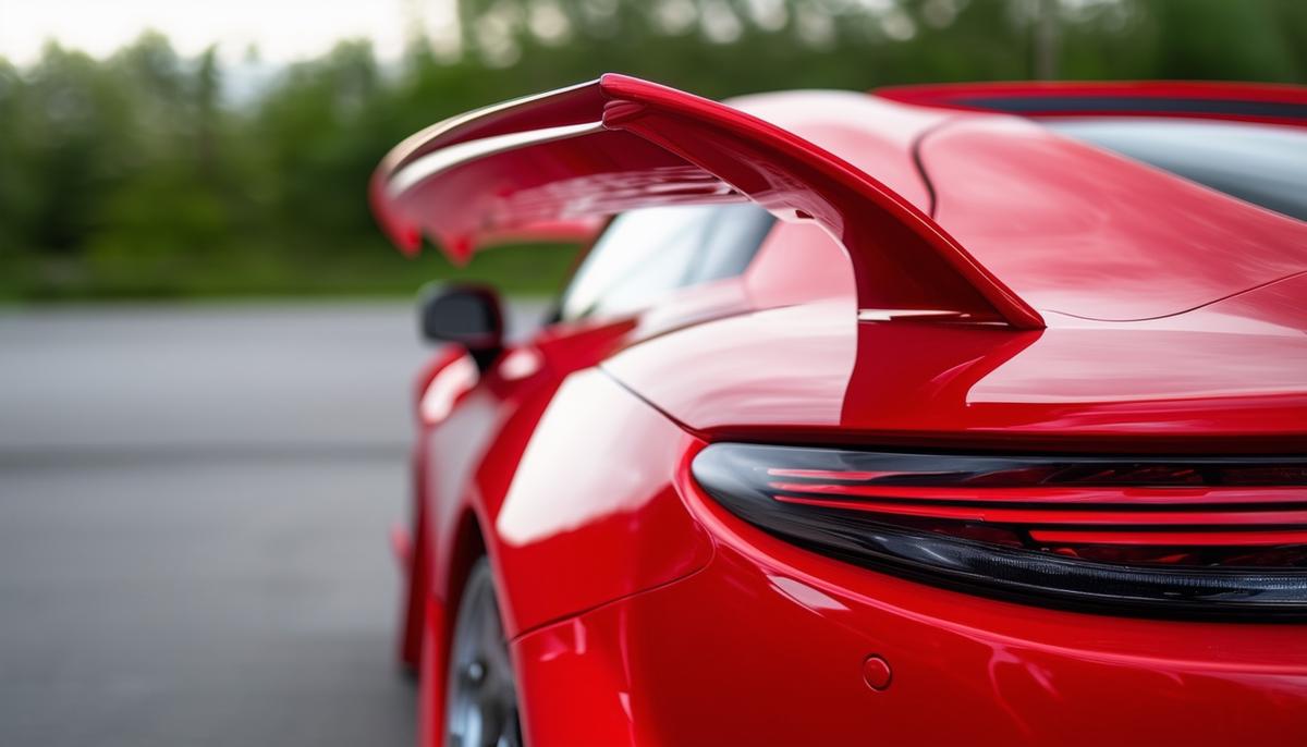 A close-up view of a rear spoiler on a red sports car