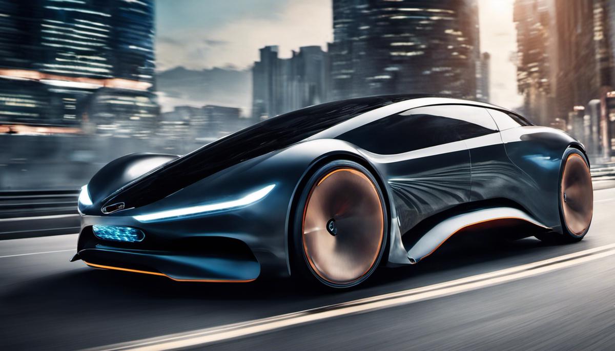 Image description: A futuristic electric car driving on a road.
