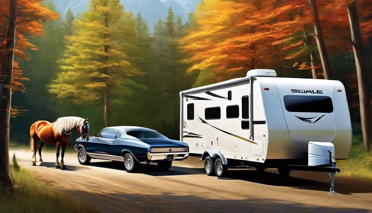 Illustration showing a vehicle towing a boat and a horse trailer, representing the concept of towing capacity and the importance of understanding it for safe outdoor adventures.