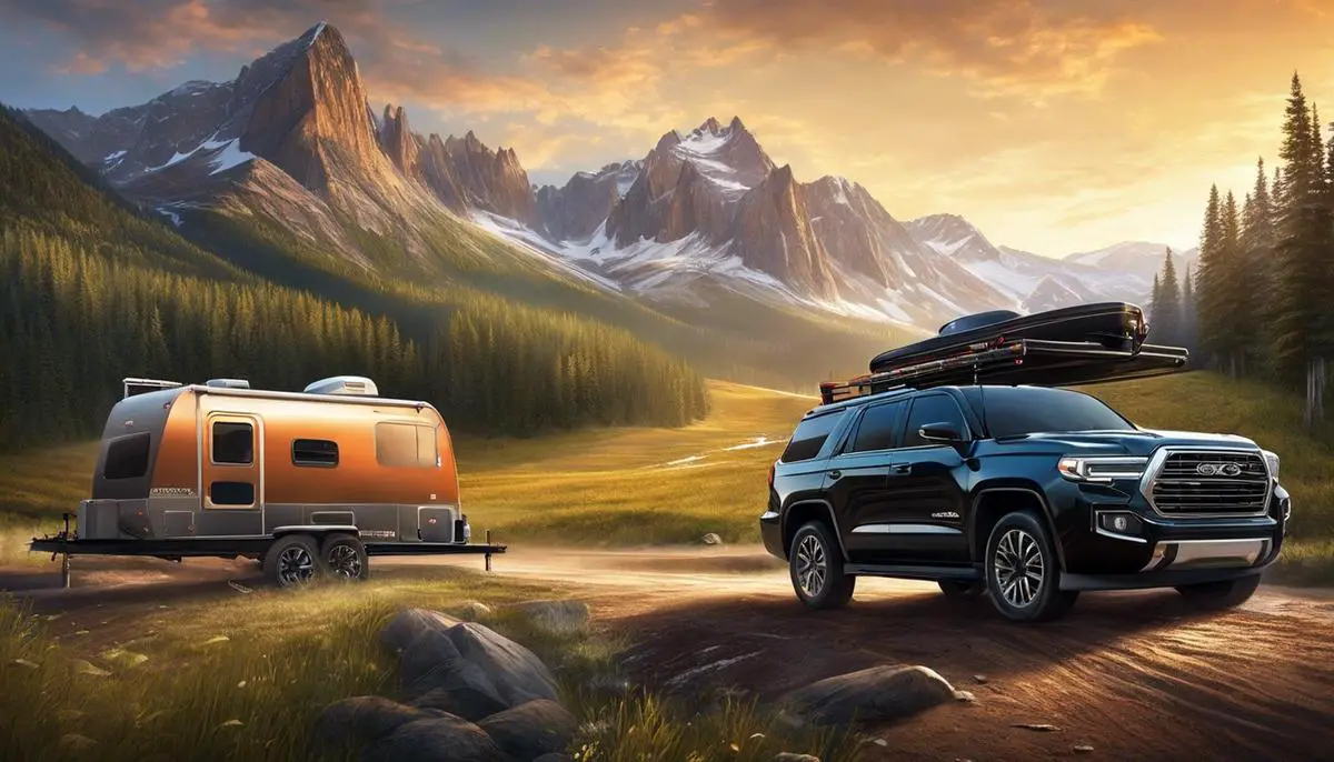 Illustration of an SUV towing a trailer in a mountainous landscape
