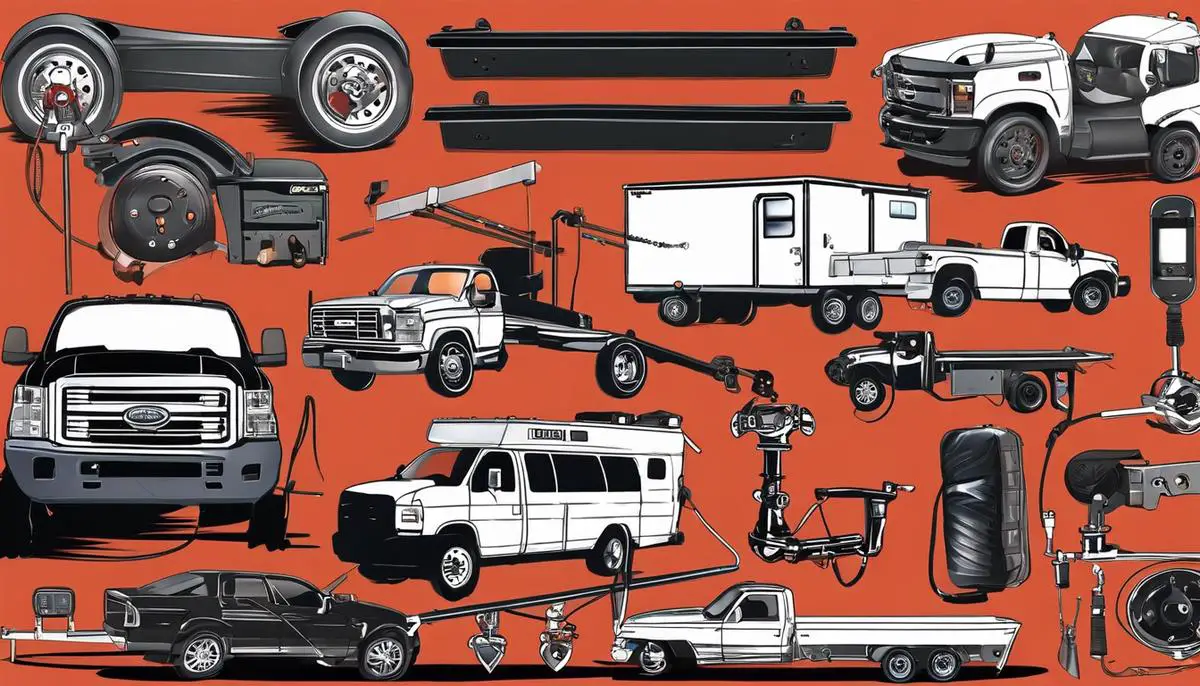 Illustration of various towing equipment, including different hitches, connectors, and a trailer brake controller