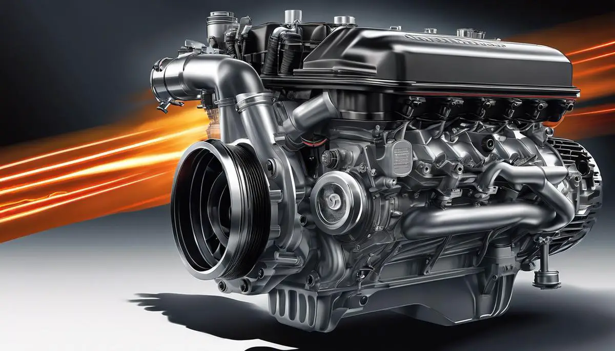 Illustration of a turbocharged engine with increased air intake and a surge of power.