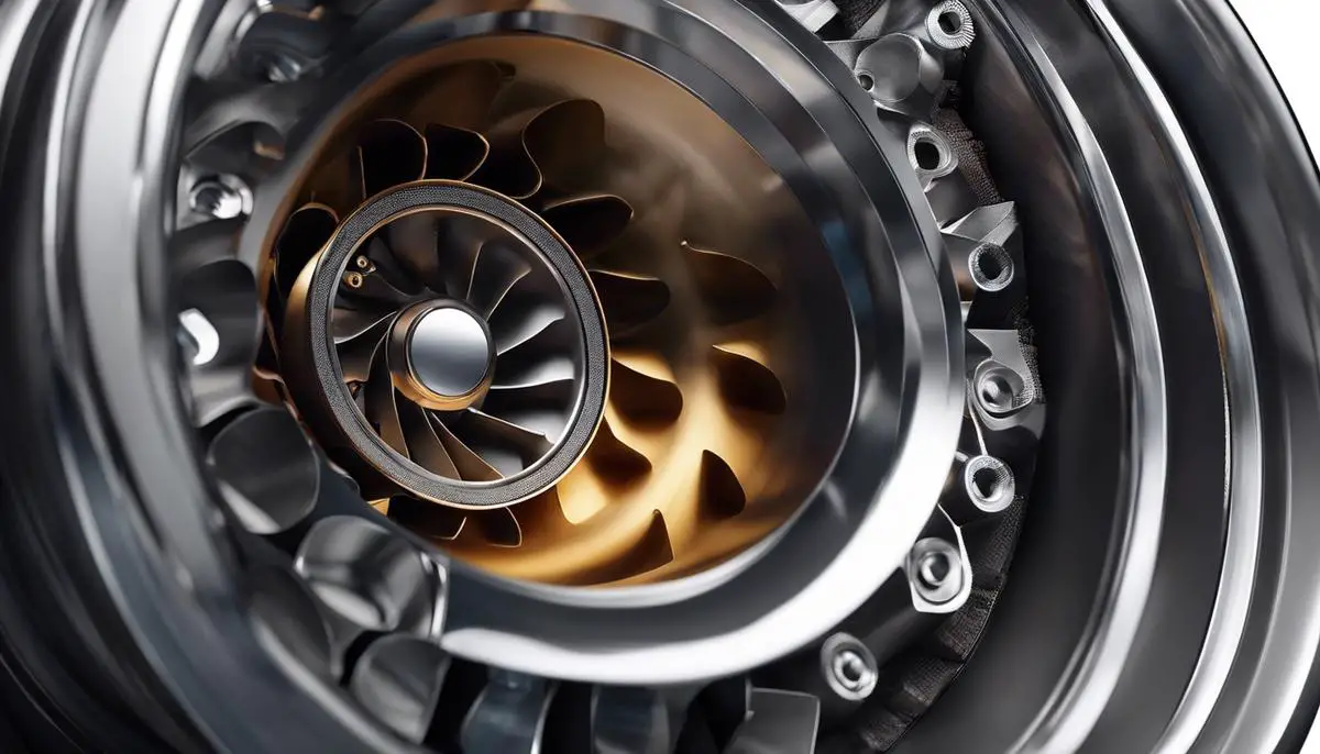A close-up image of a turbocharger, showcasing its intricate design and metal components