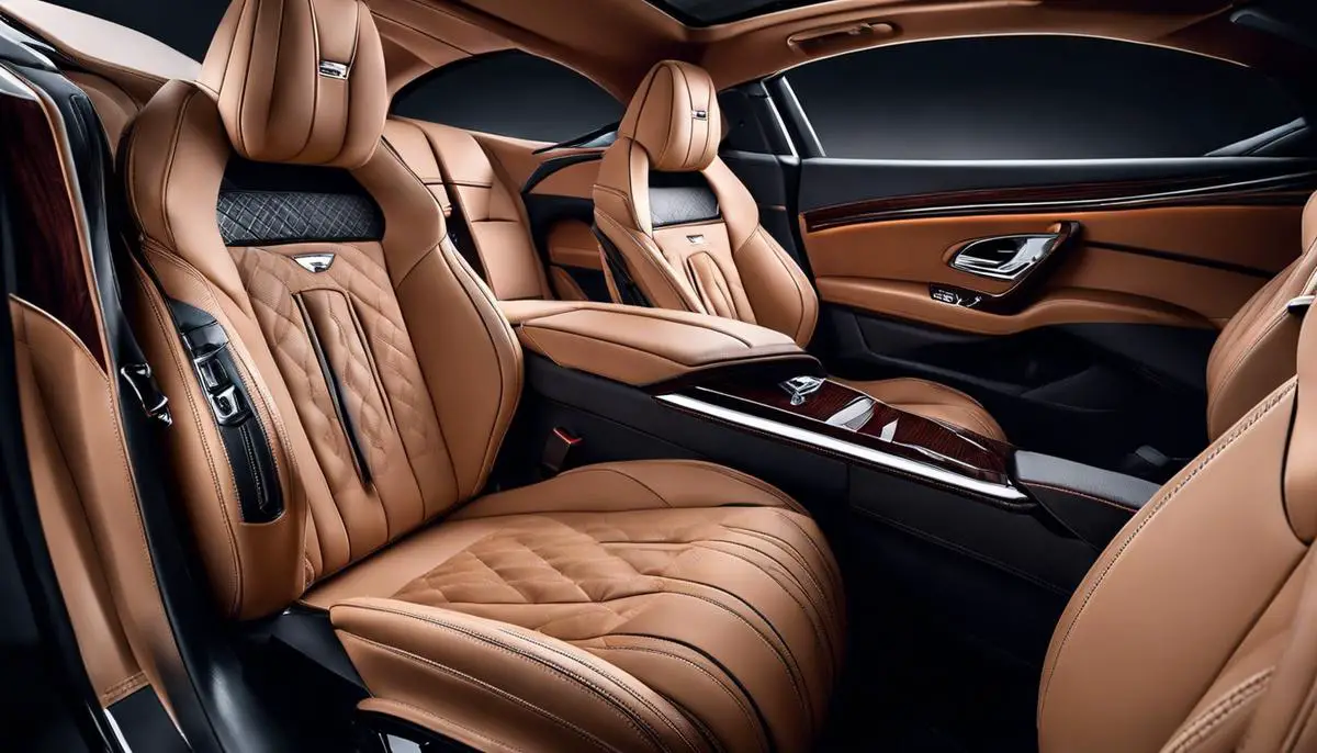Luxury car interior with leather seats, wooden trims, and contrast stitching, showcasing meticulous craftsmanship and opulence.