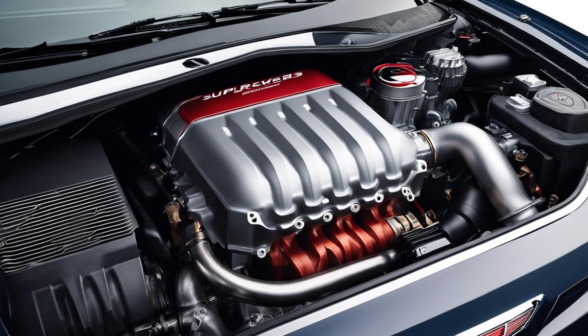 Image depicting a supercharger attached to a car engine, symbolizing increased power and performance.