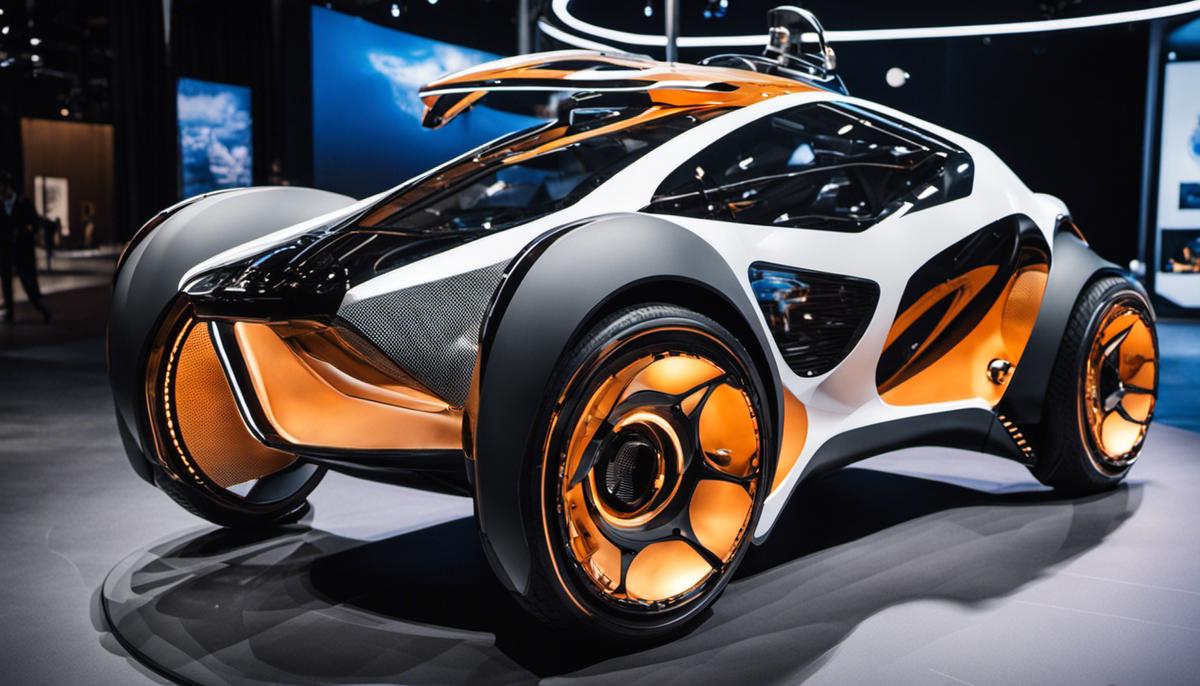 An image showing a futuristic vehicle with augmented reality technology, robotics, and lightweight materials. The image represents the innovative advancements in vehicular technology.
